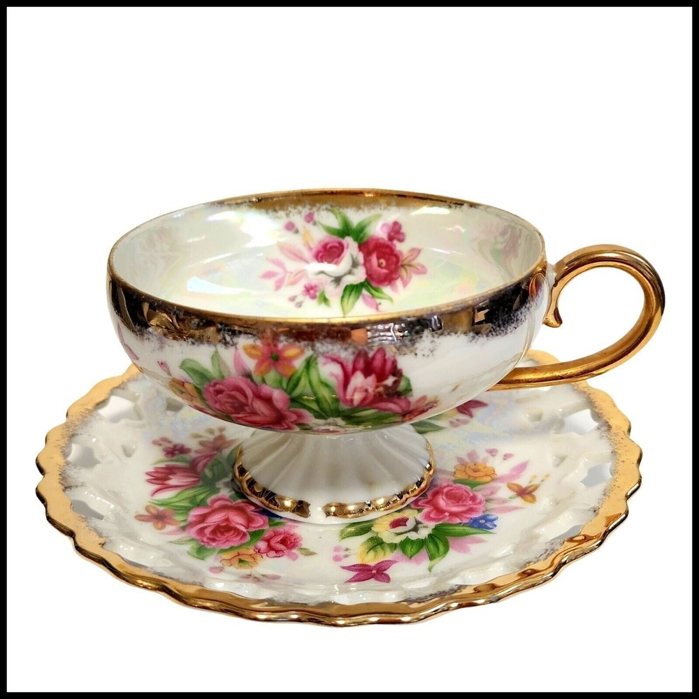 Vintage LM Royal Halsey Roses Very Fine Iridescent Teacup Saucer Lusterware